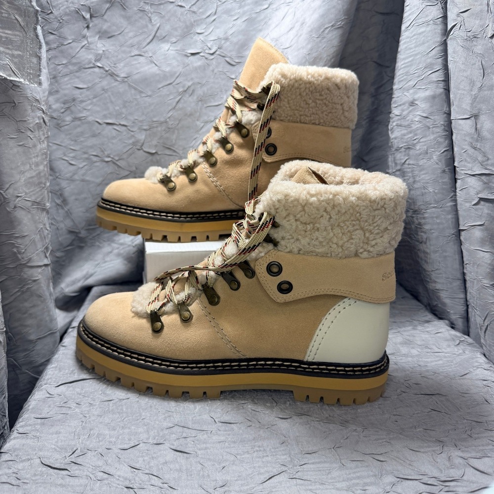 See By Chloe Eileen Beige Suede Shearling Trimmed Combat Hiker Boots Size 38
